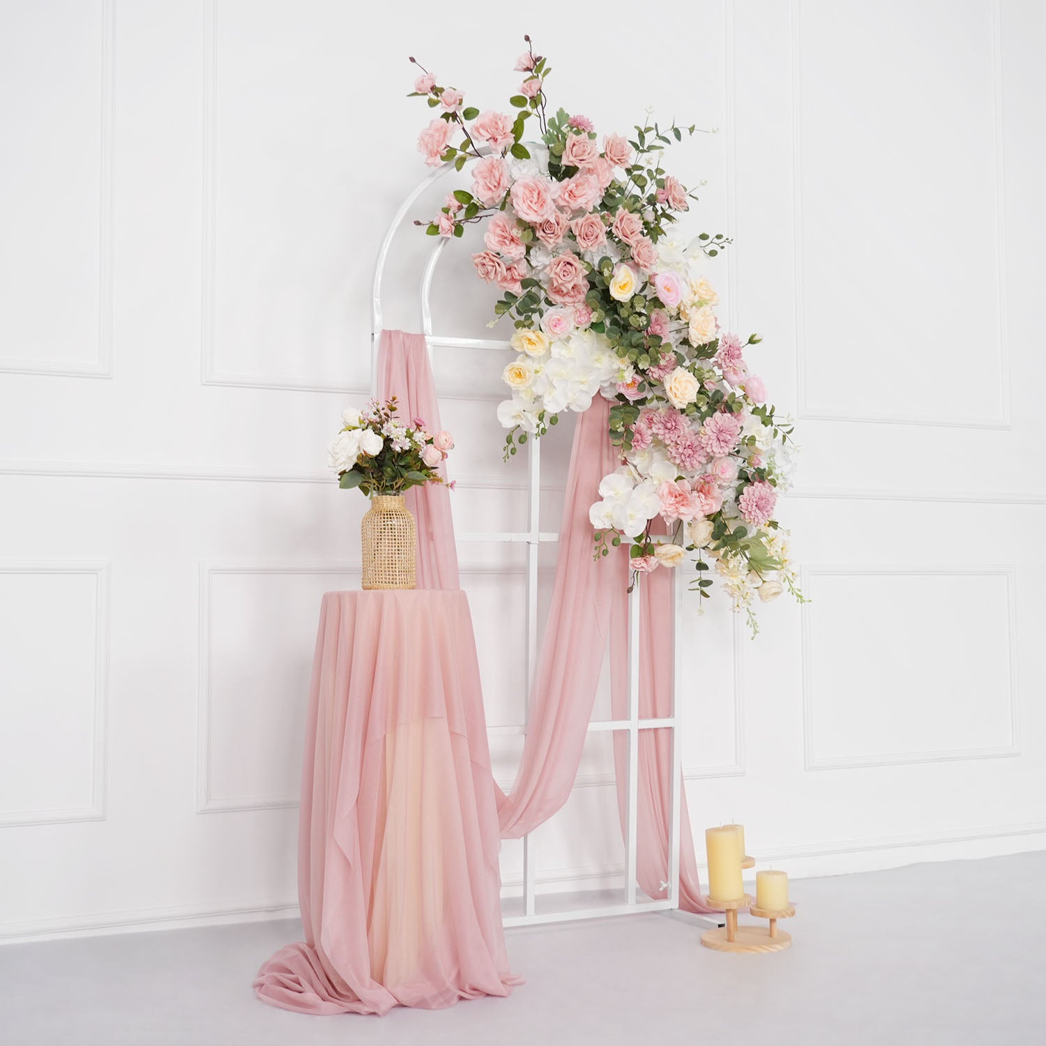 Uflower Artificial Pink Rose Green Leaf Flower Row Wedding KT Backdrop Decor